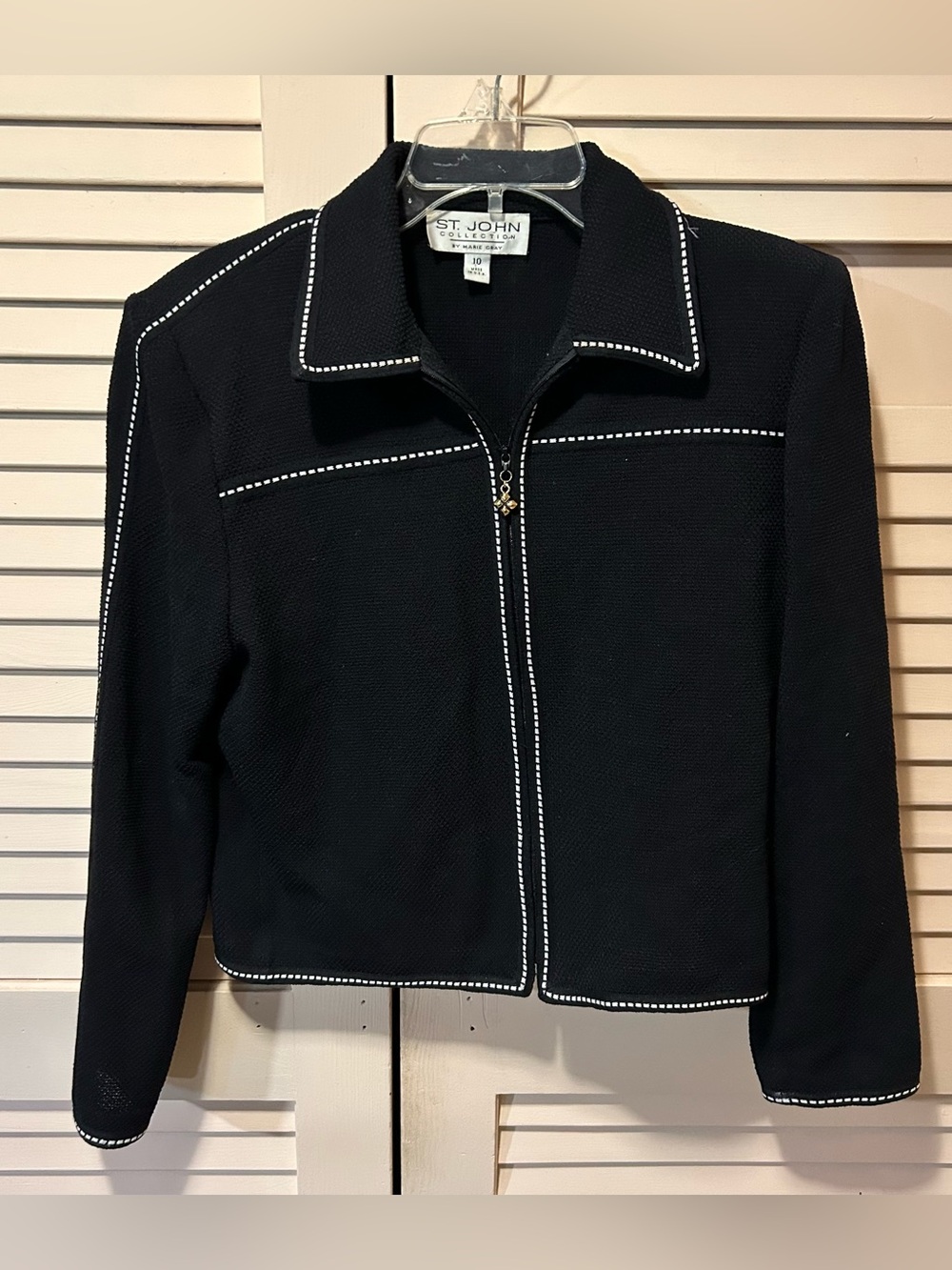 St John Collection Black Pique Knit, Dashed White Trim Zip Front Blazer Jacket